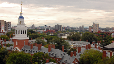 Wide arial shot of Harvard buildings.