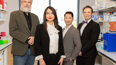 Four faculty members posing in their research lab.