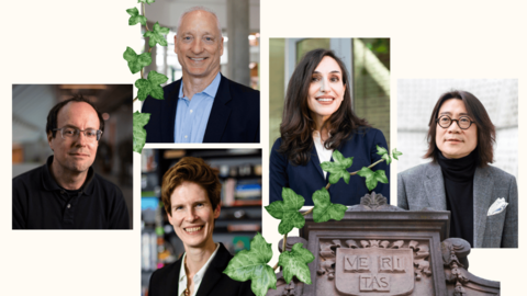 A collage of 5 portraits of Harvard faculty embellished with ivy and the Veritas shield.