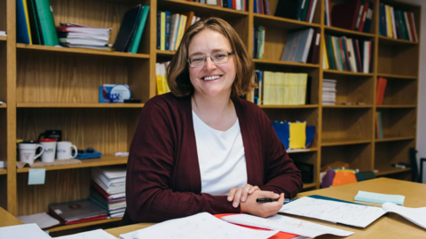 Professor Melanie Matchett Wood photographer in her office.