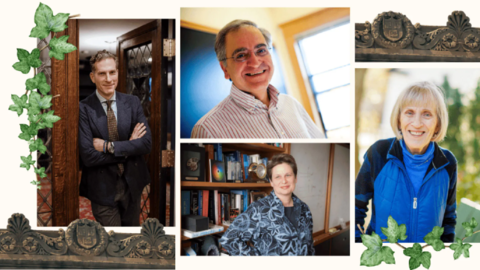 Collage of 2 University Professor headshots embellished with a border of ivy and Harvard architectural elements.