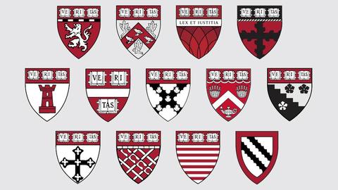 Thirteen shields of the Harvard Schools.