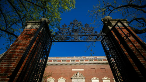 Photo of a Harvard gate against a blue sky.