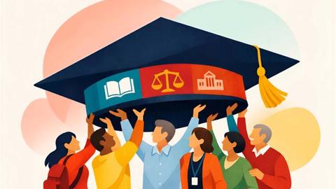 2026 HILT Conference poster with illustrations of a group of people holding up a graduation cap.